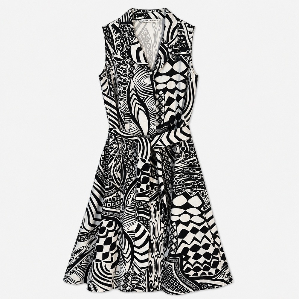 Cotton Black White Contrast Belted Dress Peter Nygard Womens Abstract Maximalist